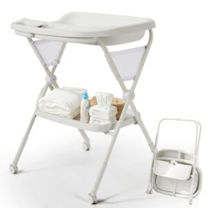cosola baby changing table with wheels, foldable adjustable height diaper changing tables with changing pad & storage rack diaper station for newborn baby and infant, light grey
