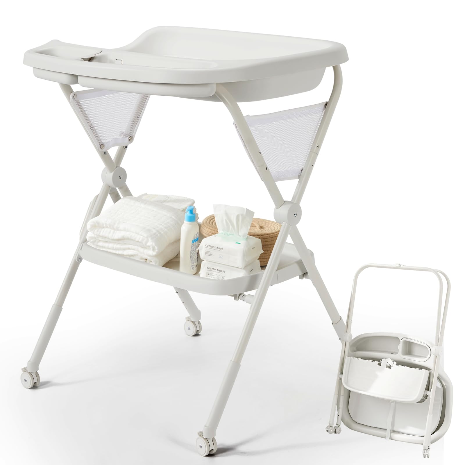 cosola Baby Changing Table with Wheels, Foldable Adjustable Height Diaper Changing Tables with Changing Pad & Storage Rack Diaper Station for Newborn Baby and Infant, Light Grey