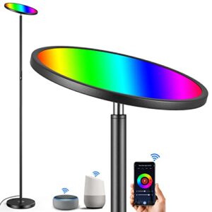 floor lamp, super bright rgbw smart wifi led floor lamp for reading, dimmable torchiere, for living rooms bedrooms, for diy, compatible with alexa & google home, black, 25w