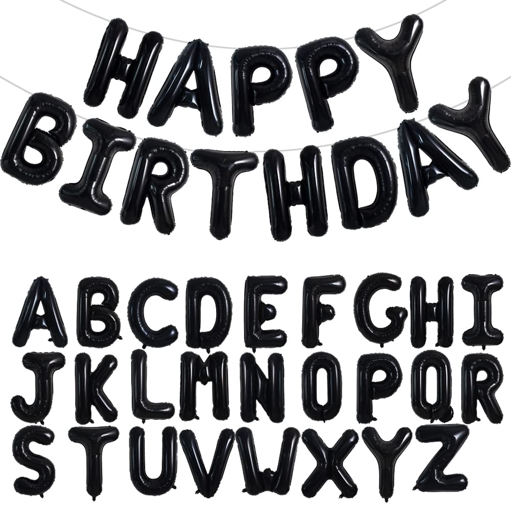 TONIFUL 65 Pcs Personalized Name Letter A-Z Balloons 16 Inch Black Happy Birthday Balloons and 2 Sets A-Z Foil Letters Balloons Create Your Own Name Banner for Birthday Celebration Party Decorations