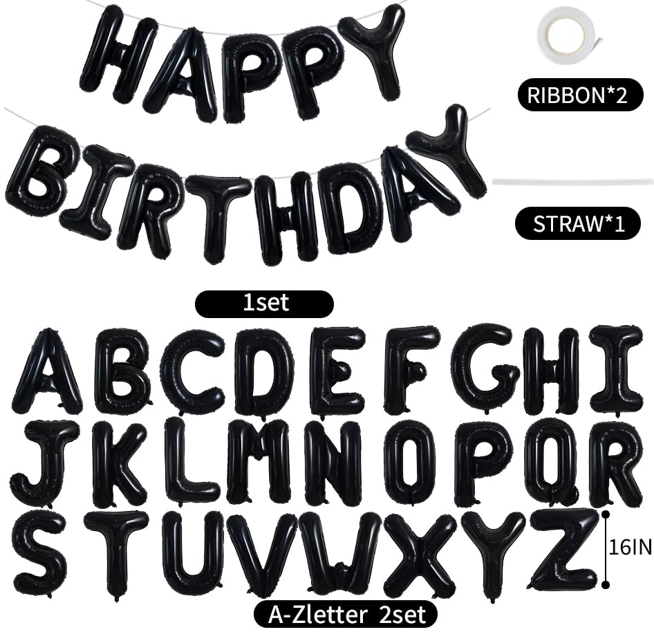 TONIFUL 65 Pcs Personalized Name Letter A-Z Balloons 16 Inch Black Happy Birthday Balloons and 2 Sets A-Z Foil Letters Balloons Create Your Own Name Banner for Birthday Celebration Party Decorations