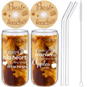 gerrii 2 pieces teacher gifts for women teacher appreciation gift teacher glass cup 16 oz drinking glass iced coffee glass cup with bamboo lid and straw