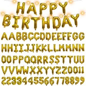 personalized name happy birthday balloons letters kit, diy custom name birthday banner, 2 sets a- z & 0-9 16'' letters and numbers with 2 led light for birthday party decorations gold