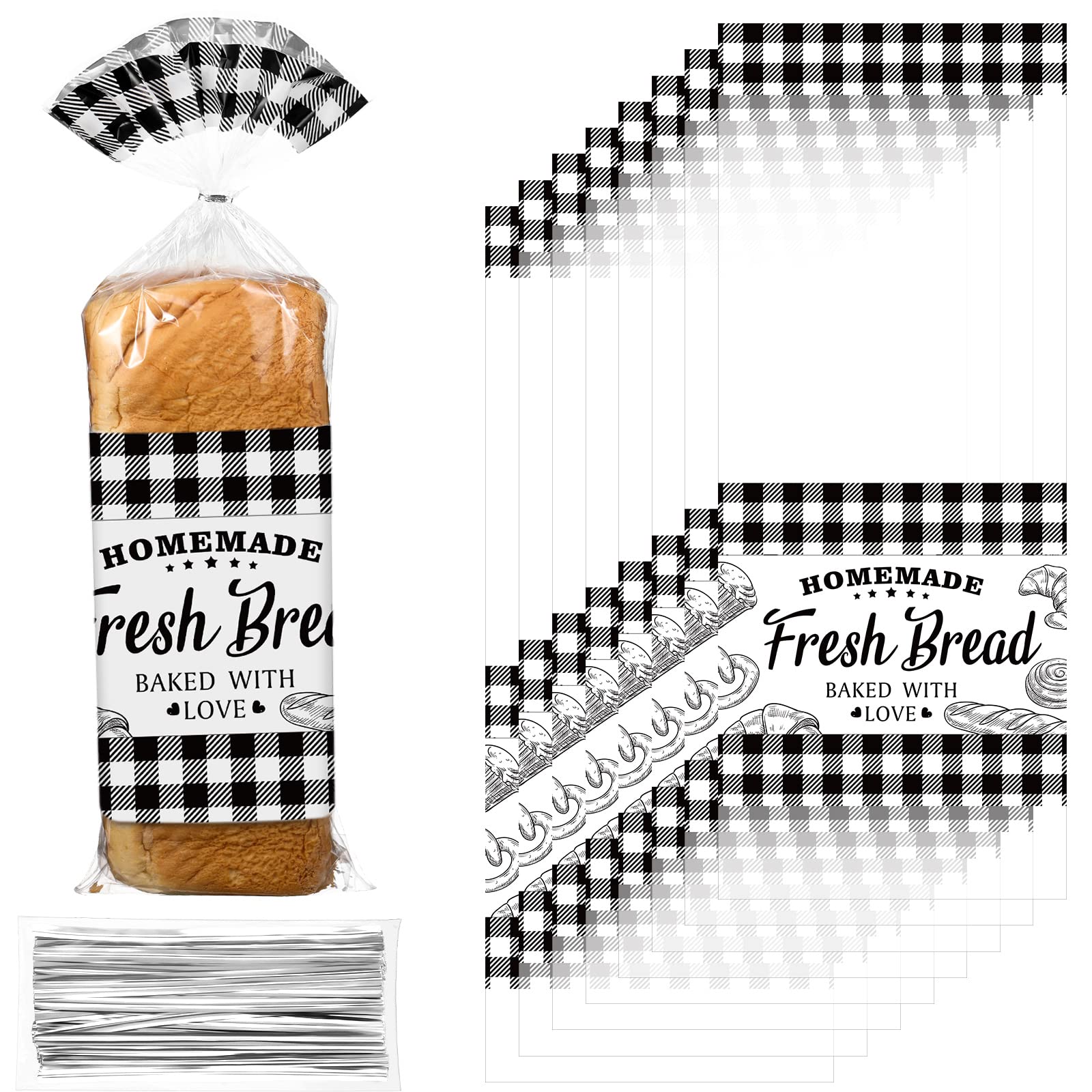 Bread Bags for Homemade Bread Christmas Plastic Bread Bags with Twist Ties Clear Bread Bags Black Buffalo Plaid Baked Bread Bags Fresh Bread Bag for Home Bakers and Bakery 10 x 20 Inch (50 Pcs)