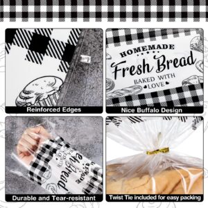 Bread Bags for Homemade Bread Christmas Plastic Bread Bags with Twist Ties Clear Bread Bags Black Buffalo Plaid Baked Bread Bags Fresh Bread Bag for Home Bakers and Bakery 10 x 20 Inch (50 Pcs)