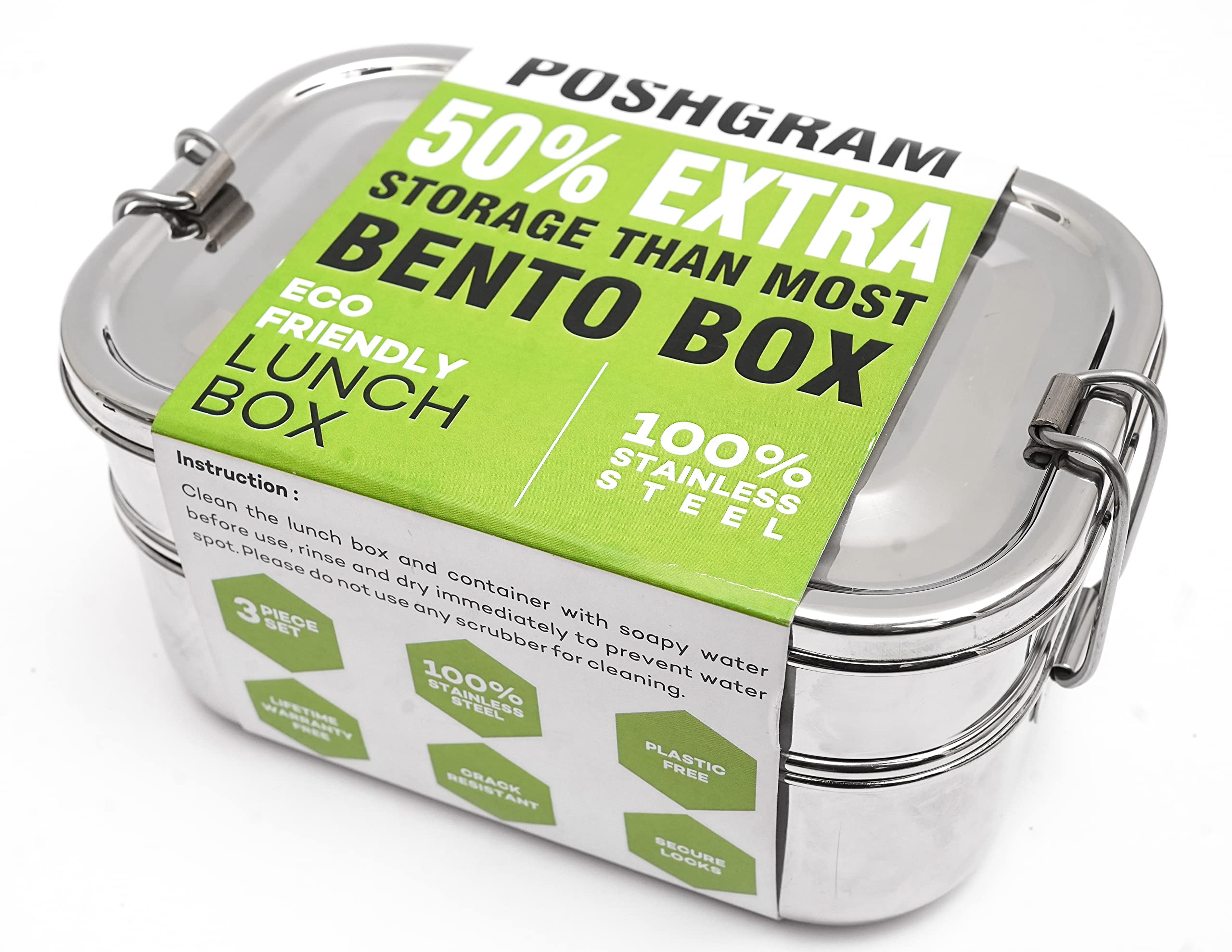 POSHGRAM Eco-Friendly STAINLESS STEEL BENTO BOX for adults and kids, 3-Tier Lunch Box For adults and kids, Size 6.4 * 4.4 * 3.3 (Inches)