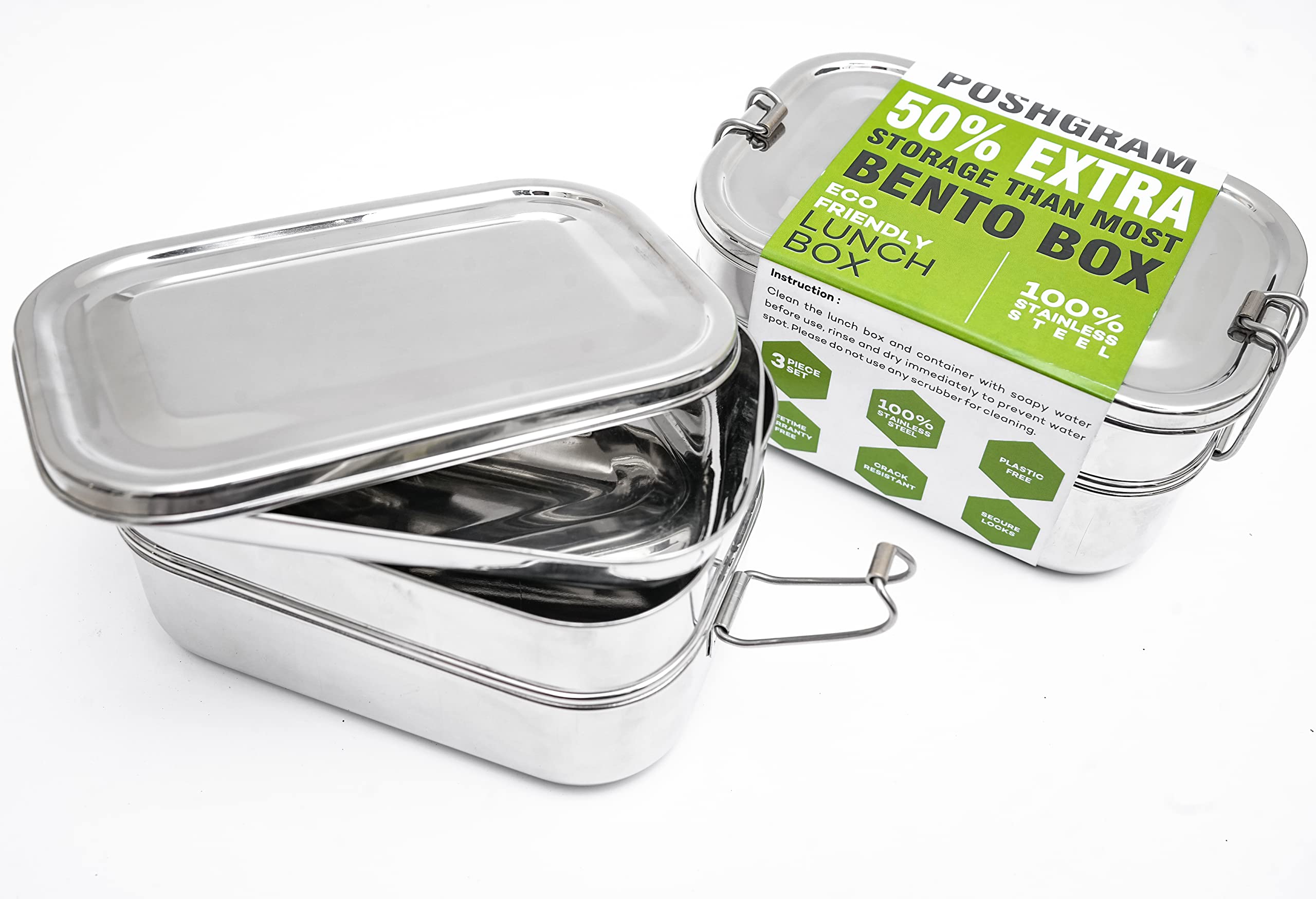 POSHGRAM Eco-Friendly STAINLESS STEEL BENTO BOX for adults and kids, 3-Tier Lunch Box For adults and kids, Size 6.4 * 4.4 * 3.3 (Inches)