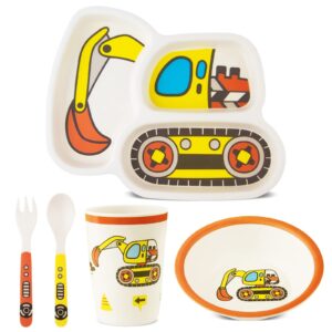 kids tableware set, included plate bowl cup fork and spoon 5-piece set - toddler plates dinnerware dinner dish set baby feeding divided plate - child portion control bamboo eco-friendly