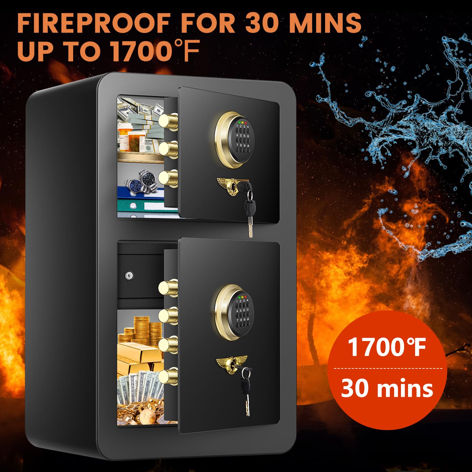 [2024 Upgraded] 6.1 Cu ft Extra Large Home Safe Fireproof Waterproof with [DOUBLE SAFES], Heavy Duty Fireproof Safe Box with [Hidden Lock Box], Digital Home Security Safe for Documents Firearm Money