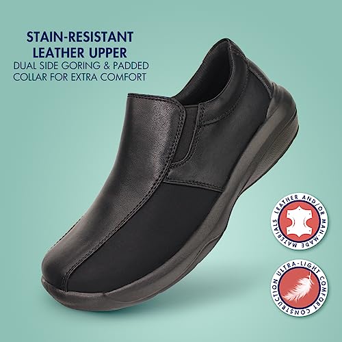 Hawkwell Pro Women's Leather Lycra Nursing Shoes for Bunions Lightweight Slip Resistant Orthotic Work Shoes Ideal for Foot Pain Relief, Black Leather,8 M US