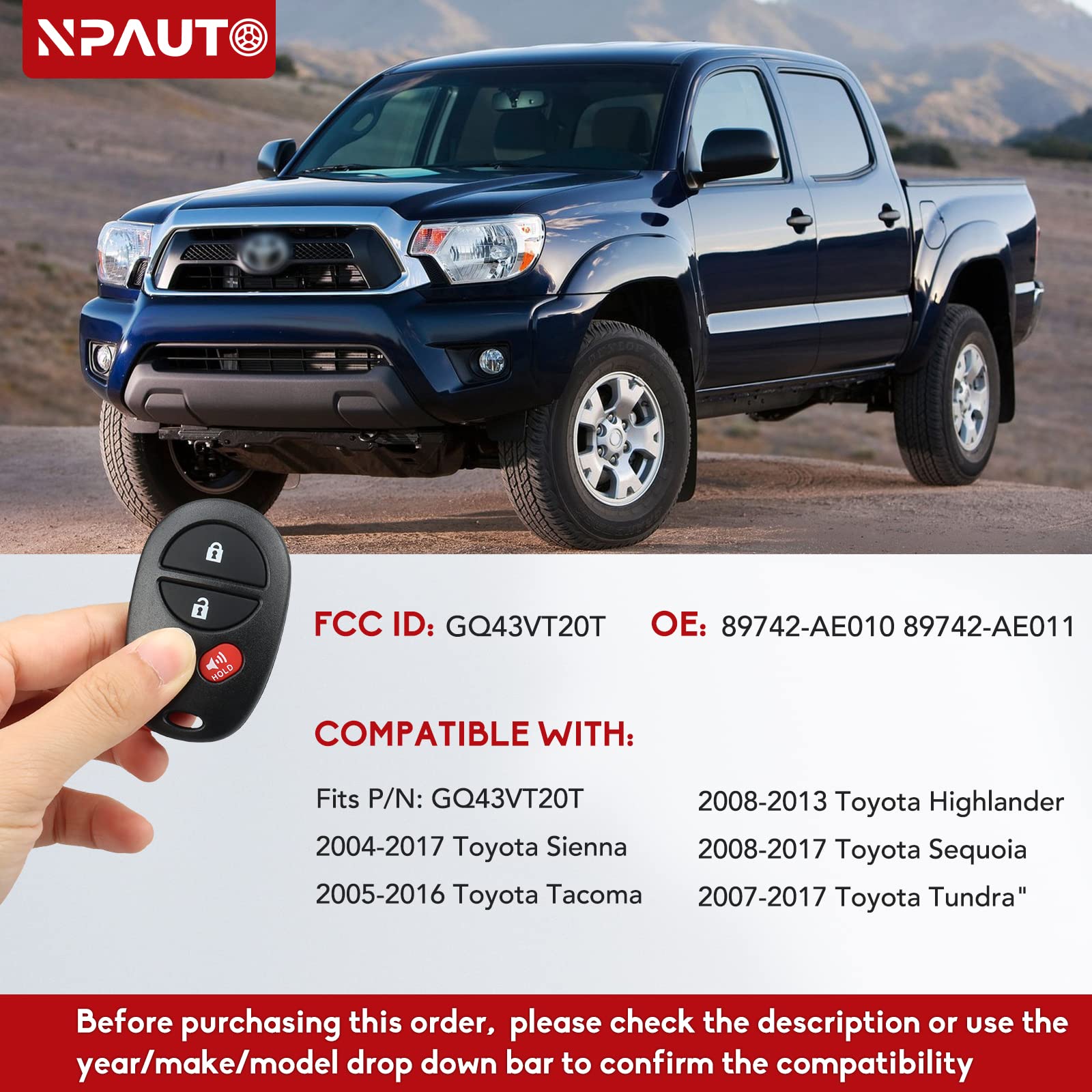 NPAUTO Key Fob Replacement Fits for Toyota Sienna 2004-2017, Tacoma 2005-2016, Tundra 2007-2017, Sequoia 2008-2017, Highlander 2008-2013, Keyless Entry Remote Control Car Key Fob, CGQ43VT20T