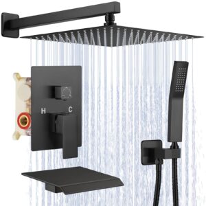 jomeoo 12 inch shower system with tub spout, 3 function matte black bathtub shower faucet set, wall mounted bathroom high pressure rain shower head with handheld sprayer rough in valve body and trim