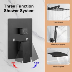 JOMEOO 12 Inch Shower System with Tub Spout, 3 Function Matte Black Bathtub Shower Faucet Set, Wall Mounted Bathroom High Pressure Rain Shower Head with Handheld Sprayer Rough in Valve Body and Trim