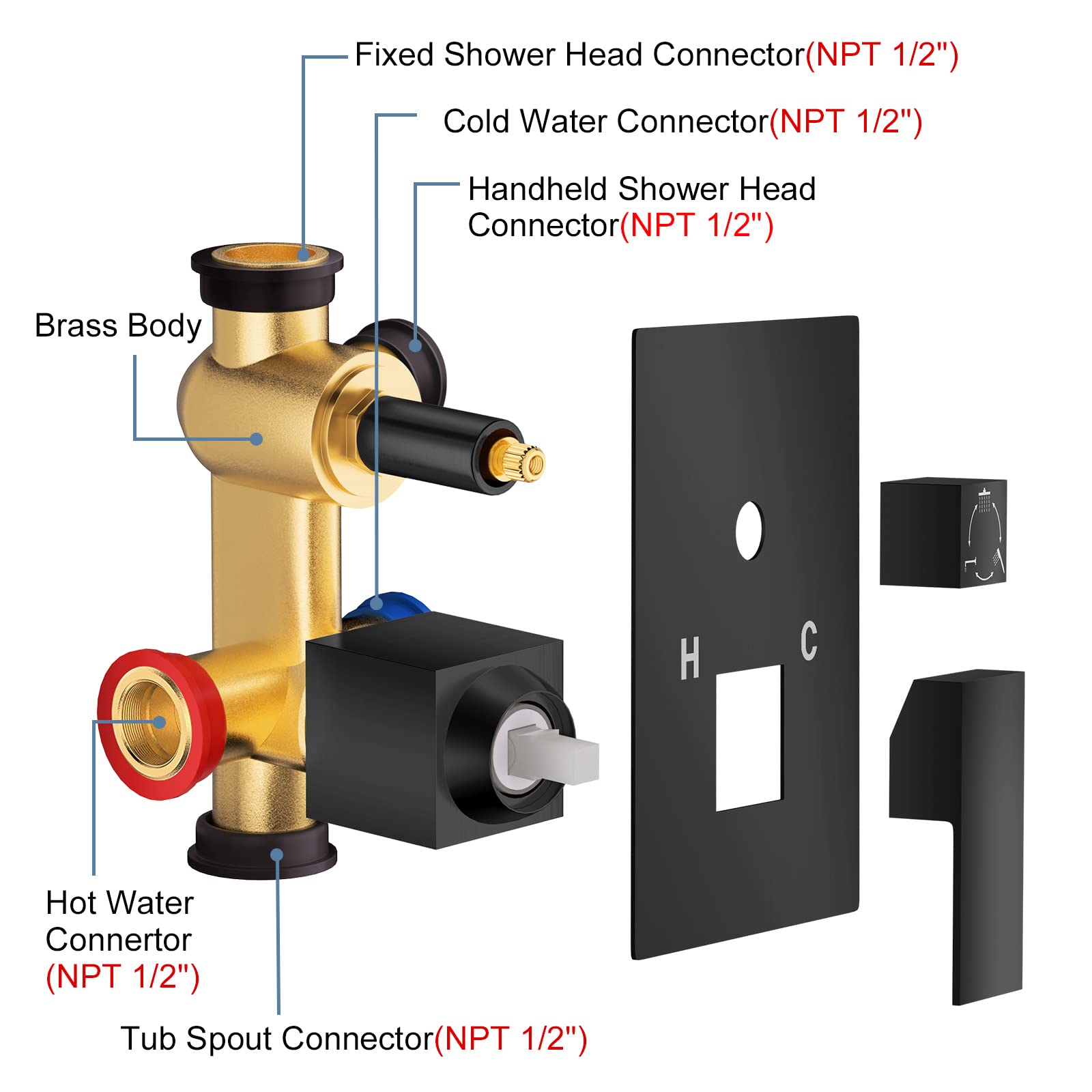 JOMEOO 12 Inch Shower System with Tub Spout, 3 Function Matte Black Bathtub Shower Faucet Set, Wall Mounted Bathroom High Pressure Rain Shower Head with Handheld Sprayer Rough in Valve Body and Trim