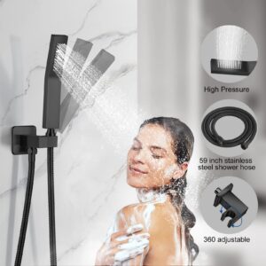 JOMEOO 12 Inch Shower System with Tub Spout, 3 Function Matte Black Bathtub Shower Faucet Set, Wall Mounted Bathroom High Pressure Rain Shower Head with Handheld Sprayer Rough in Valve Body and Trim