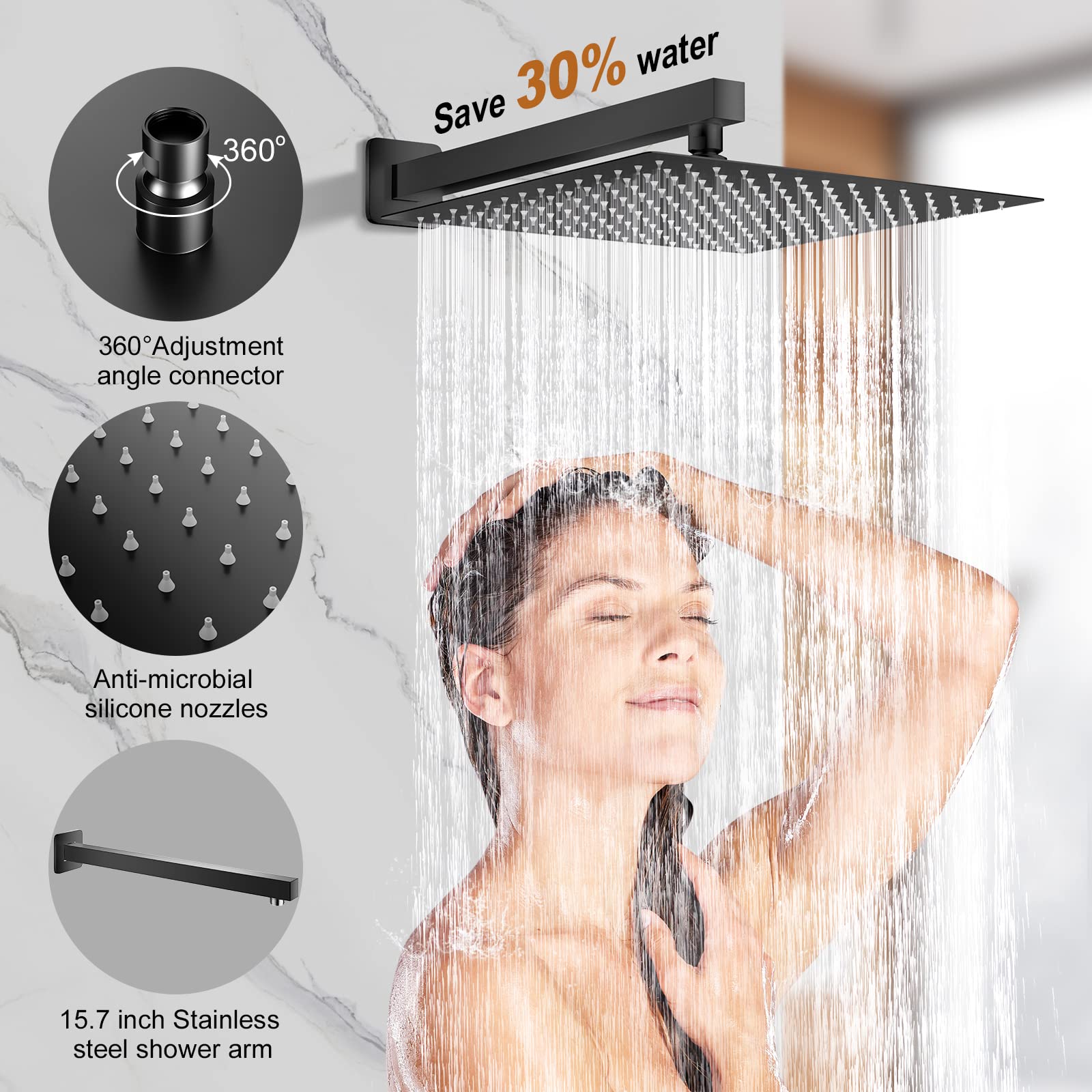 JOMEOO 12 Inch Shower System with Tub Spout, 3 Function Matte Black Bathtub Shower Faucet Set, Wall Mounted Bathroom High Pressure Rain Shower Head with Handheld Sprayer Rough in Valve Body and Trim