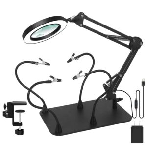 5x & 10x magnifying glass with light and stand, nakoos 2-in-1 magnifying lamp, 3 color modes stepless dimmable lighted magnifier with large base & clamp for craft soldering painting hobby close work