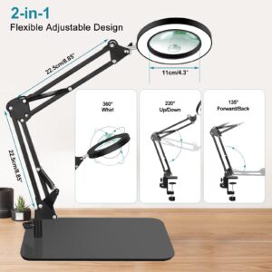 5X & 10X Magnifying Glass with Light and Stand, NAKOOS 2-in-1 Magnifying Lamp, 3 Color Modes Stepless Dimmable Lighted Magnifier with Large Base & Clamp for Craft Soldering Painting Hobby Close Work