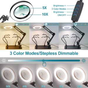 5X & 10X Magnifying Glass with Light and Stand, NAKOOS 2-in-1 Magnifying Lamp, 3 Color Modes Stepless Dimmable Lighted Magnifier with Large Base & Clamp for Craft Soldering Painting Hobby Close Work