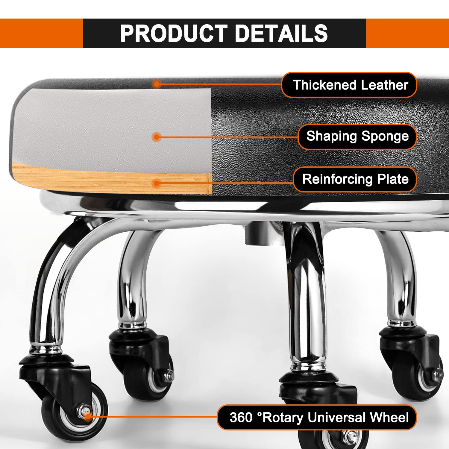 FLOLXNB Low Rolling Stool, Low Stool with Wheels, PU Leather Low Roller Seat Stool Chair, Rolling Seat Stool for Home Office Garage Shop (Style 2)