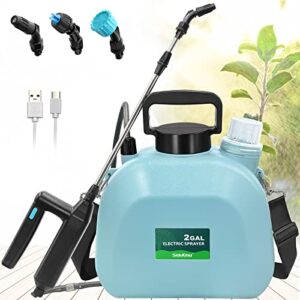 sideking battery powered garden sprayer 2 gallon, upgrade powerful electric sprayer with 3 mist nozzles, retractable wand, rechargeable handle with adjustable shoulder strap for lawn & garden