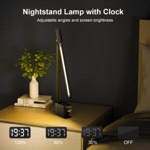 LED Desk Lamp with 2 USB Charging Port- Small Desk Light with Clock for Home office, 11 Levels Brightness 5 Lighting Modes Dimmable Foldable Reading Table Lamp for Nightstand College Dorm Room