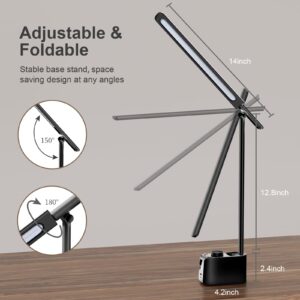 LED Desk Lamp with 2 USB Charging Port- Small Desk Light with Clock for Home office, 11 Levels Brightness 5 Lighting Modes Dimmable Foldable Reading Table Lamp for Nightstand College Dorm Room