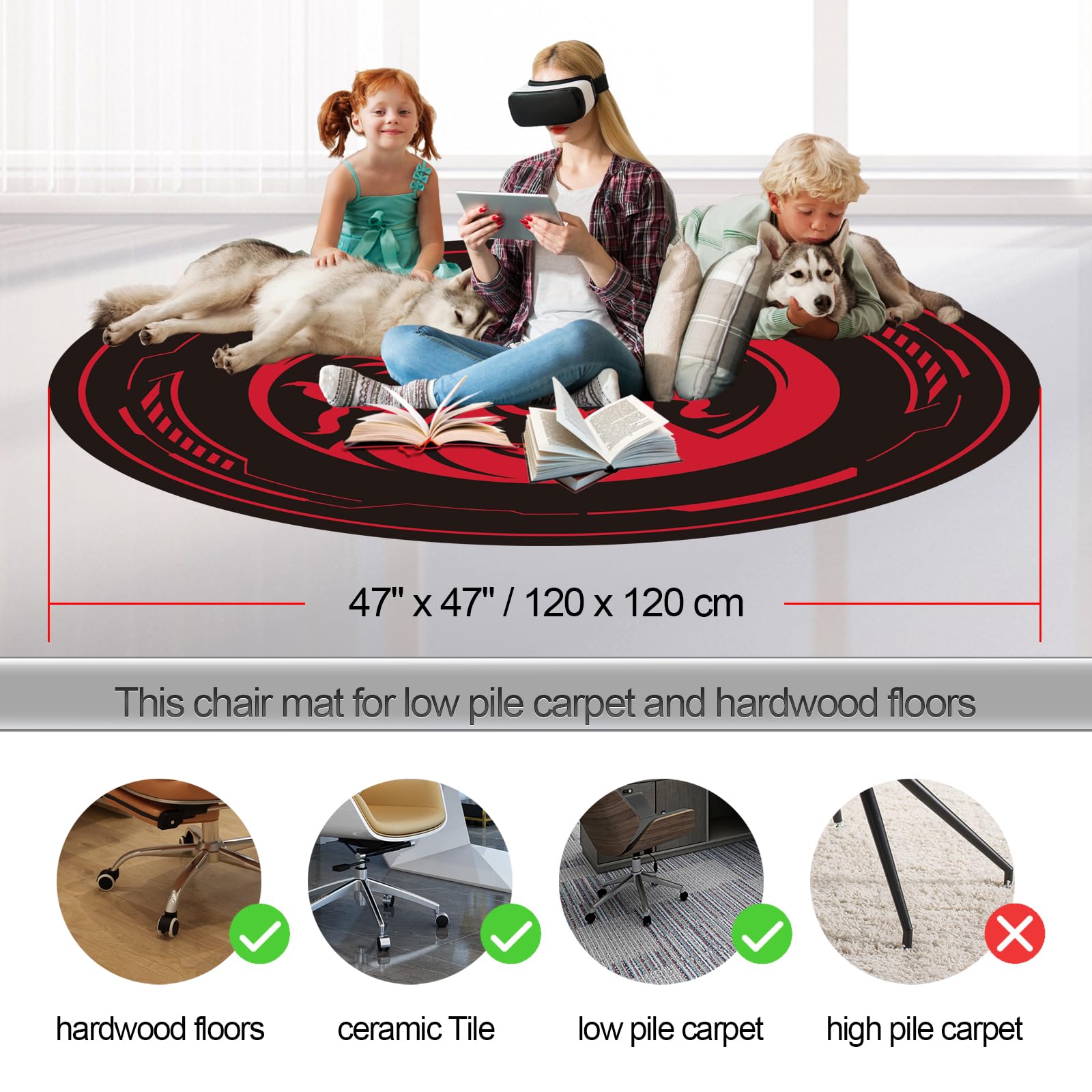 Raoot Gaming Chair Mat for Low Pile Carpet and Hardwood Floor 47 Inch Round Floor Mats for Game Room Bedroom Living Room and Office Room Rolling Chair