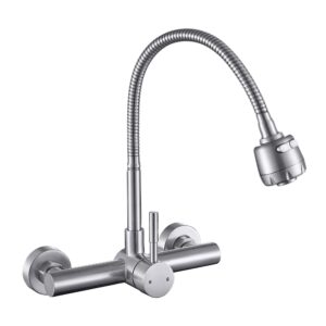 zhyich kitchen sink faucet wall mount 8" inch center with sprayer, stainless steel mixer tap, nickel brushed unility sink faucet, nsf, lead-free