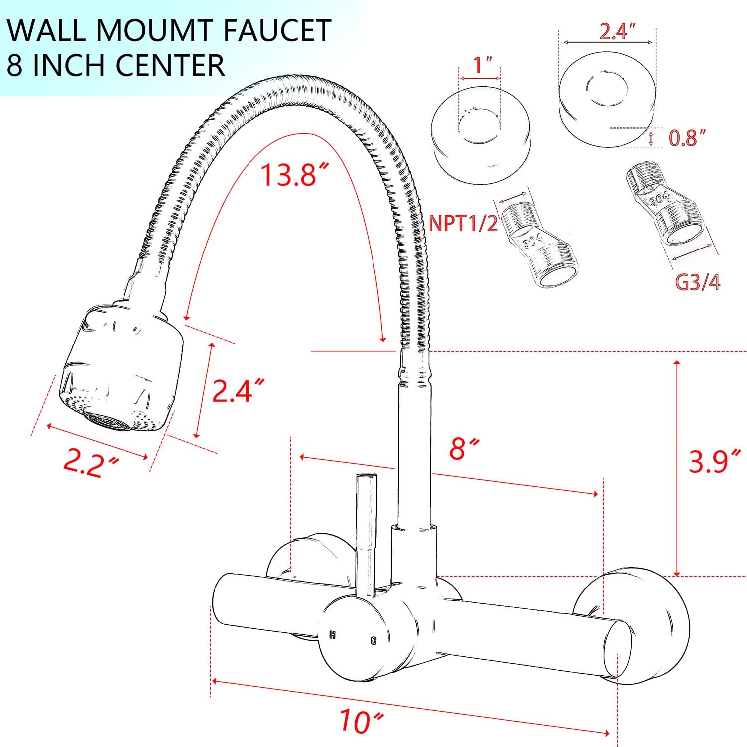 ZHYICH Kitchen Sink Faucet Wall Mount 8" Inch Center with Sprayer, Stainless Steel Mixer Tap, Nickel Brushed Unility Sink Faucet, NSF, Lead-Free