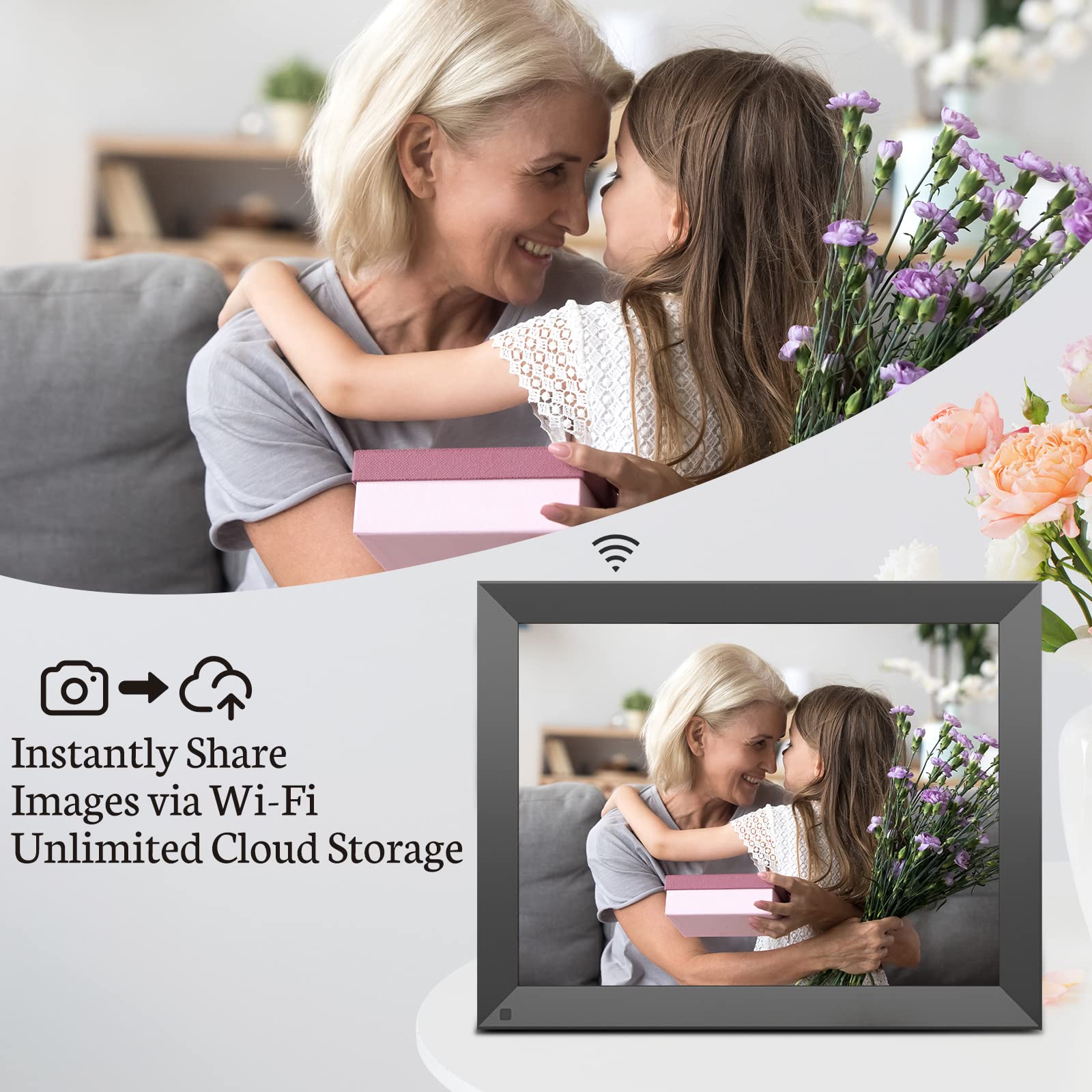 BSIMB 15-Inch 32GB WiFi Digital Photo Frame, Extra Large Electronic Picture Frame with Touch Screen, Share Pictures&Videos via App&Email from Anywhere, Gift for Mother's Day