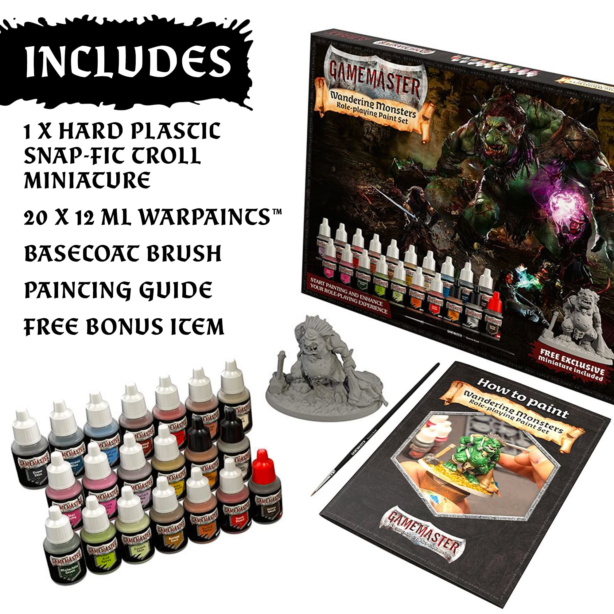 The Army Painter Wandering Monsters DnD Acrylic Paint Set with 20 Warpaints, Bonus Item - Acrylic Paints for Plastic Models and Miniatures, 20 Acrylic Warpaints, Quickshade Washes, Metallic and Effect Paints