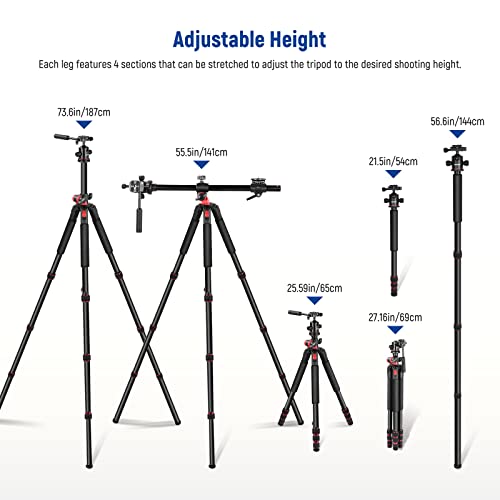 NEEWER 73.6" Horizontal Tripod with Multi Angle Center Column, Ball Head & Central Axis Platform, Heavy Duty Aluminum Camera Tripod Monopod 360° Pan 180° Tilt for Overhead/Macro Shots, Max Load 22lb