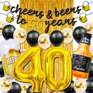 40th birthday decorations for men, 40 birthday decorations with 40 inch gold 40 number balloons, cheers to 40 years banner,fringe curtains and cups foil balloons