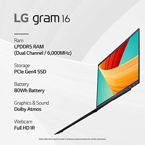 LG gram 16” Lightweight Laptop, Intel 13th Gen Core i7 Evo Platform, Windows 11 Home, NVIDIA RTX3050 4GB GPU, 32GB RAM, 2TB SSD, Black