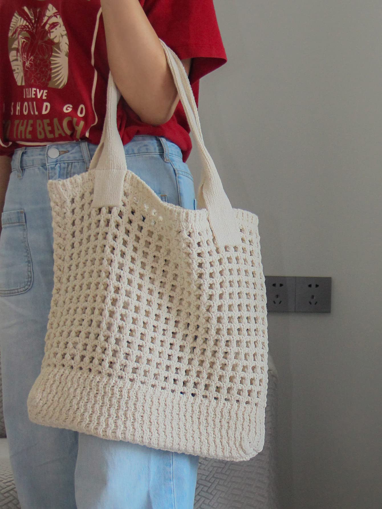 ENBEI Womens Large Beach Tote Bags Shoulder Handbags knit bag Tote bag aesthetic for Beach Crocheted tote cute Tote bags (white)