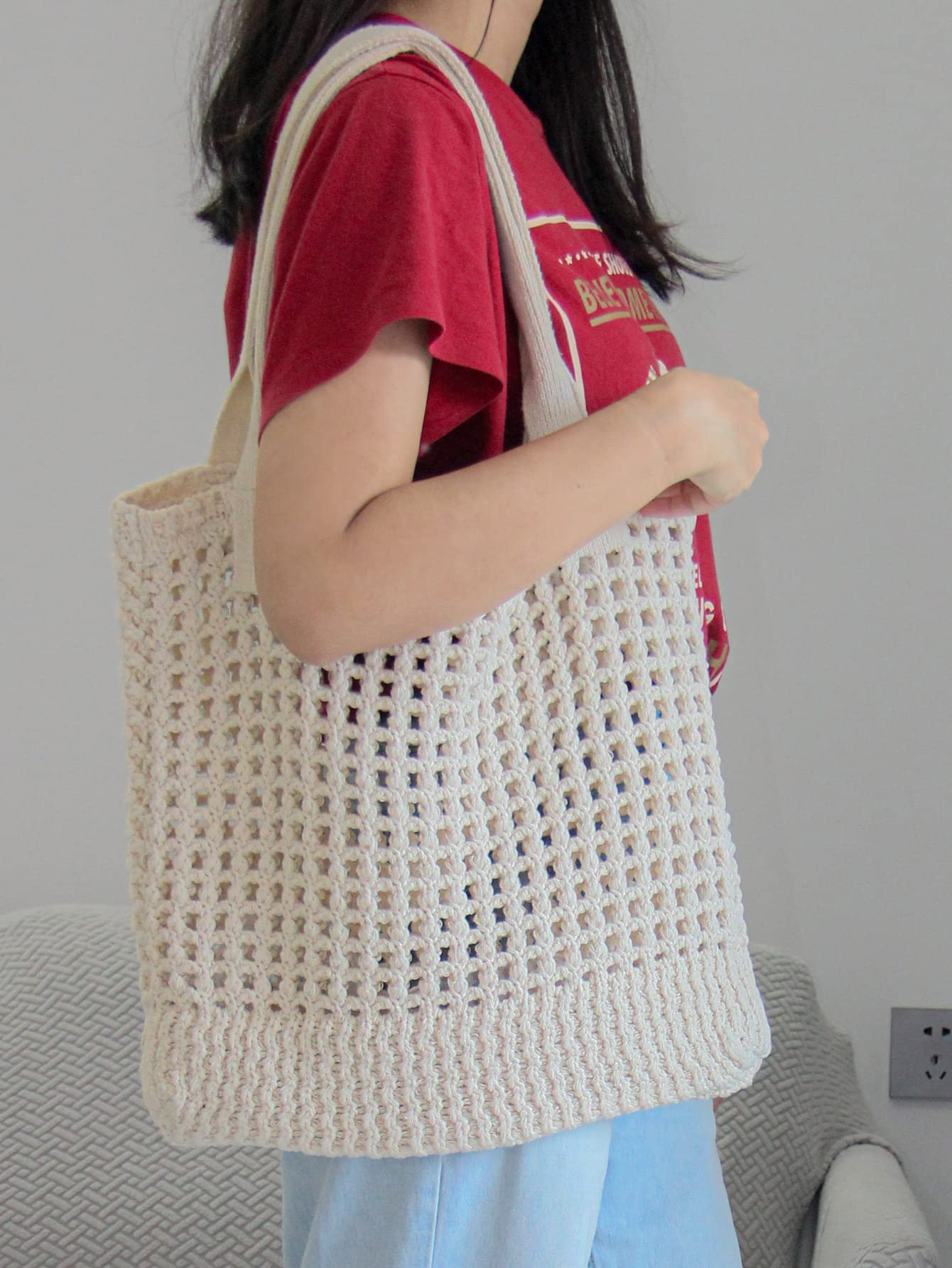 ENBEI Womens Large Beach Tote Bags Shoulder Handbags knit bag Tote bag aesthetic for Beach Crocheted tote cute Tote bags (white)