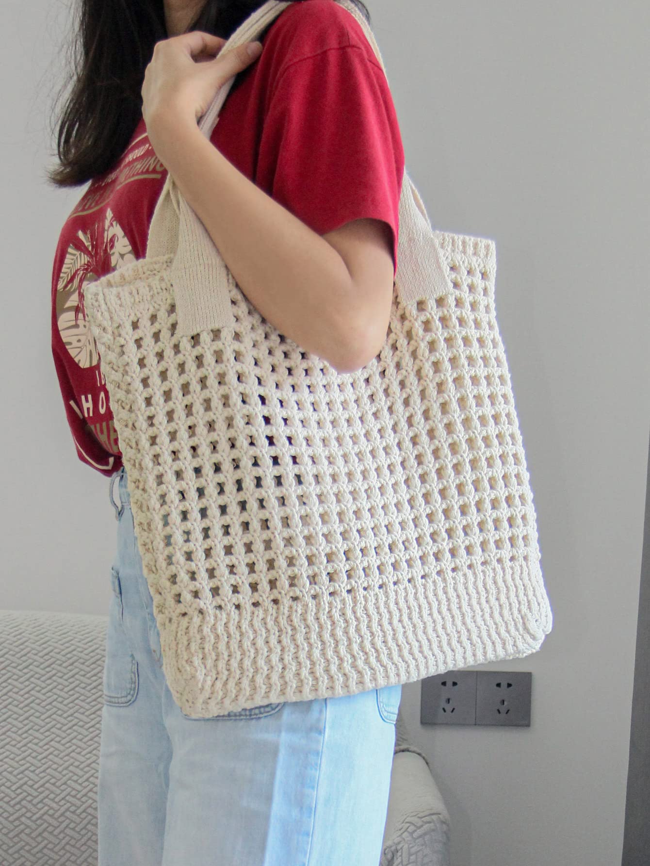 ENBEI Womens Large Beach Tote Bags Shoulder Handbags knit bag Tote bag aesthetic for Beach Crocheted tote cute Tote bags (white)