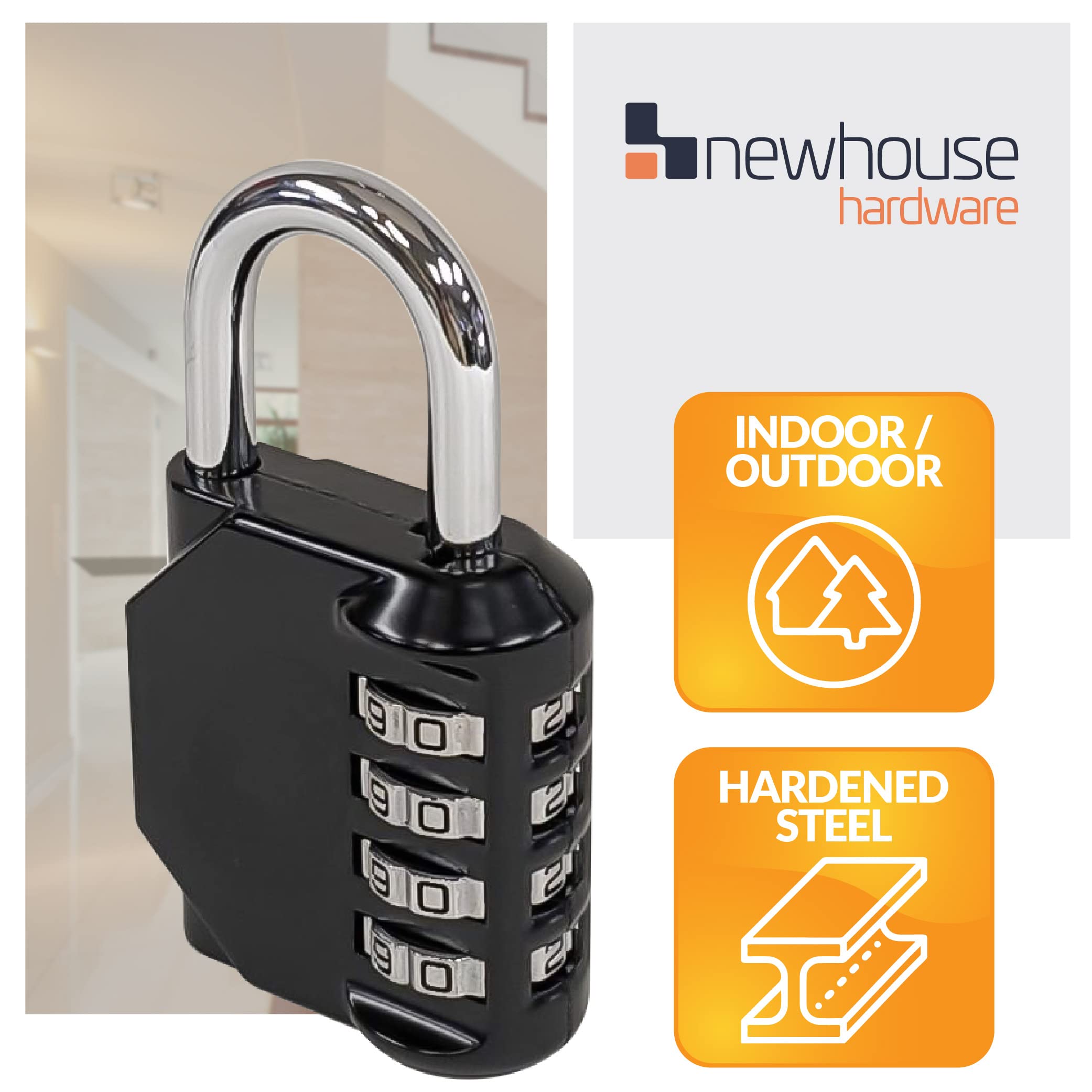 Newhouse Hardware Improved 4-Digit Combination Lock | Outdoor Waterproof Padlock for School, Gym Locker, Sports Locker, Fence, Toolbox, Gate, and Travel | Customizable 4-Digit Lock Combo | Black