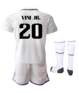 madrid home vinicius kids jersey + shorts + socks set kit size small (6-7 years old) for youth