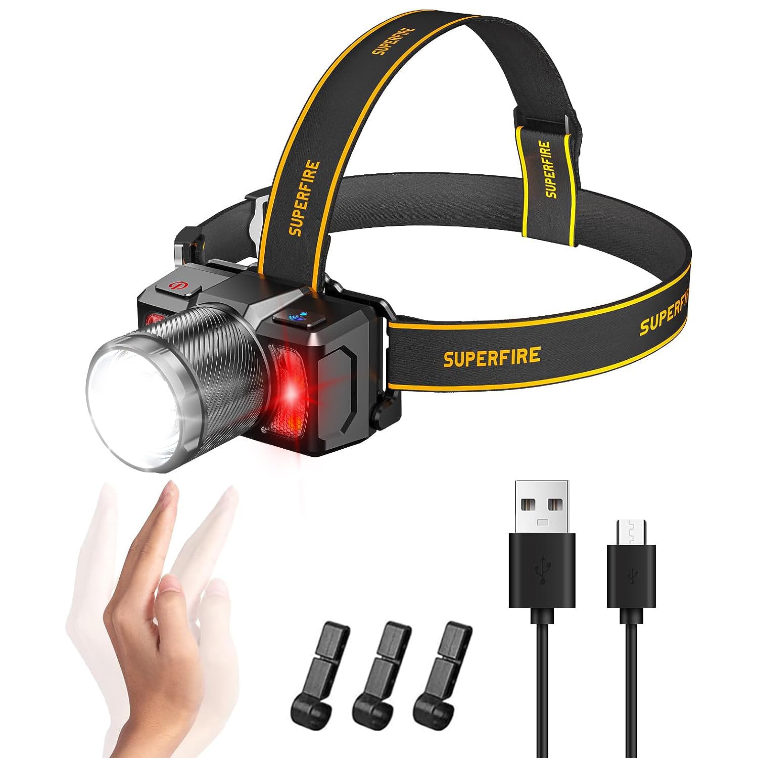 SuperFire Led headlamp,2000 Lumen Super Bright headlamp Rechargeable,Zoomable Head lamp Flashlight with Motion Sensor Hard Hat Light headlamps for Adults