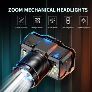 SuperFire Led headlamp,2000 Lumen Super Bright headlamp Rechargeable,Zoomable Head lamp Flashlight with Motion Sensor Hard Hat Light headlamps for Adults