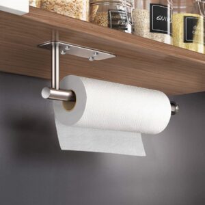 VAEHOLD Self Adhesive Paper Towel Holder Under Cabinet Mount, Wall Mounted Paper Towel Roll Holder with Damping Effect for Kitchen, Bathroom, Wall - SUS304 Stainless Steel (Brushed Silver)