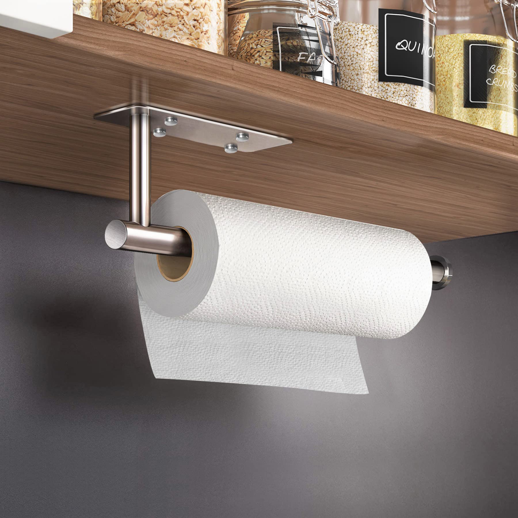 VAEHOLD Self Adhesive Paper Towel Holder Under Cabinet Mount, Wall Mounted Paper Towel Roll Holder with Damping Effect for Kitchen, Bathroom, Wall - SUS304 Stainless Steel (Brushed Silver)