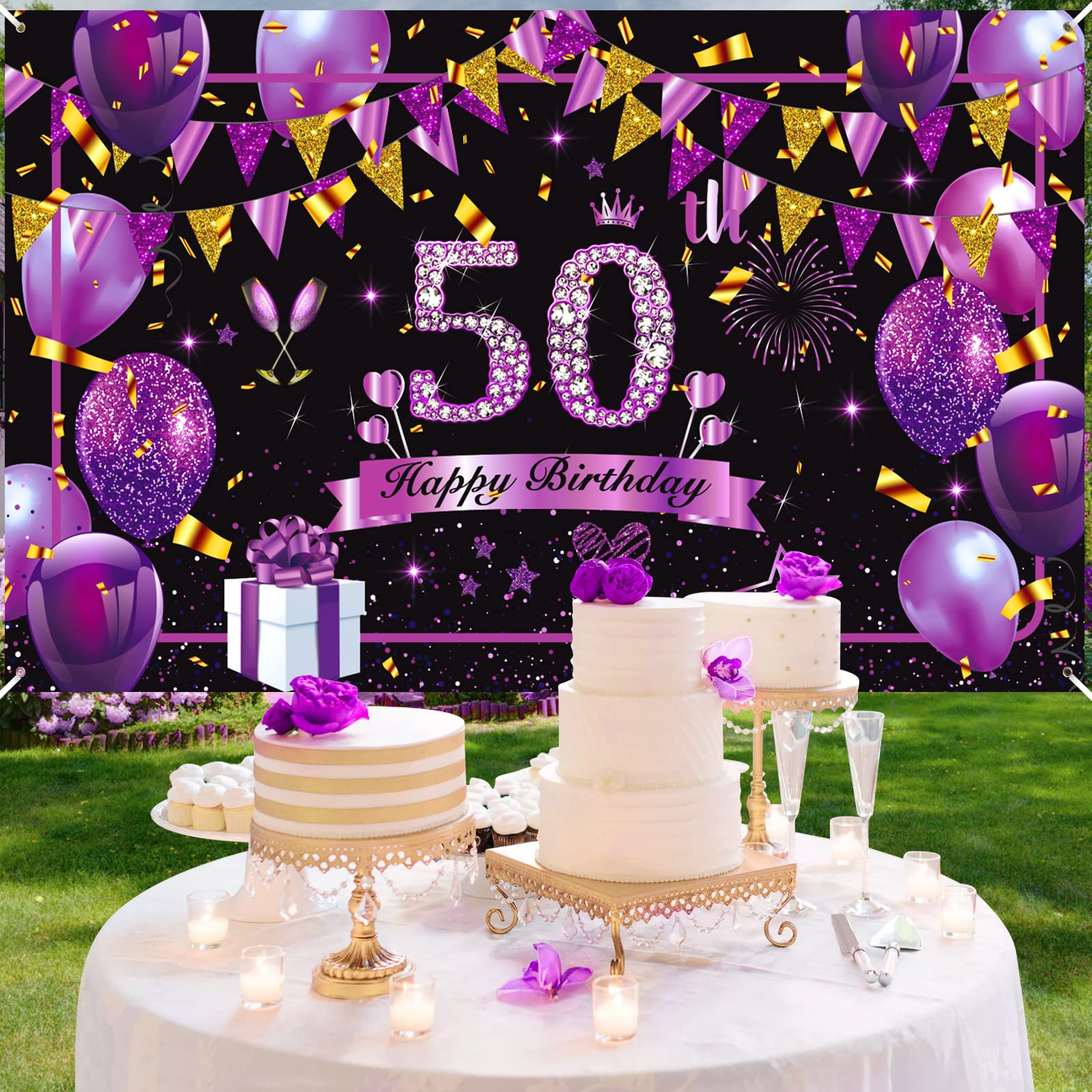 Happy 50th Birthday Banner for Women Purple 50th Birthday Decorations Purple Black Gold 50th Happy Birthday Sign 50 Year Old Birthday Backdrop Banner for Women Men 50th Birthday Party Supplies