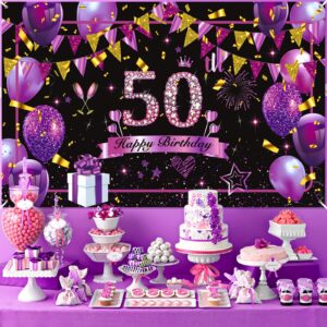 Happy 50th Birthday Banner for Women Purple 50th Birthday Decorations Purple Black Gold 50th Happy Birthday Sign 50 Year Old Birthday Backdrop Banner for Women Men 50th Birthday Party Supplies