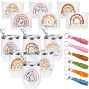 Rtteri 6 Set Teacher Appreciation Gifts Bulk 12 oz Rainbow Tumbler with Lid Straw Brush Keychains Makeup Bags Thank You Teacher Gift Back to School Appreciation Gift Set for Birthday Graduation Women