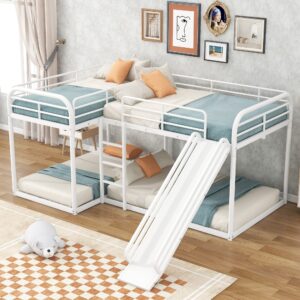 merax l-shaped full over full and twin over twin metal bunk bed with slide and short ladder, full and twin size bed frame for teens, 4 beds in 1, white