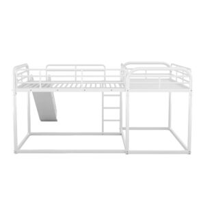 Merax L-Shaped Full Over Full and Twin Over Twin Metal Bunk Bed with Slide and Short Ladder, Full and Twin Size Bed Frame for Teens, 4 Beds in 1, White