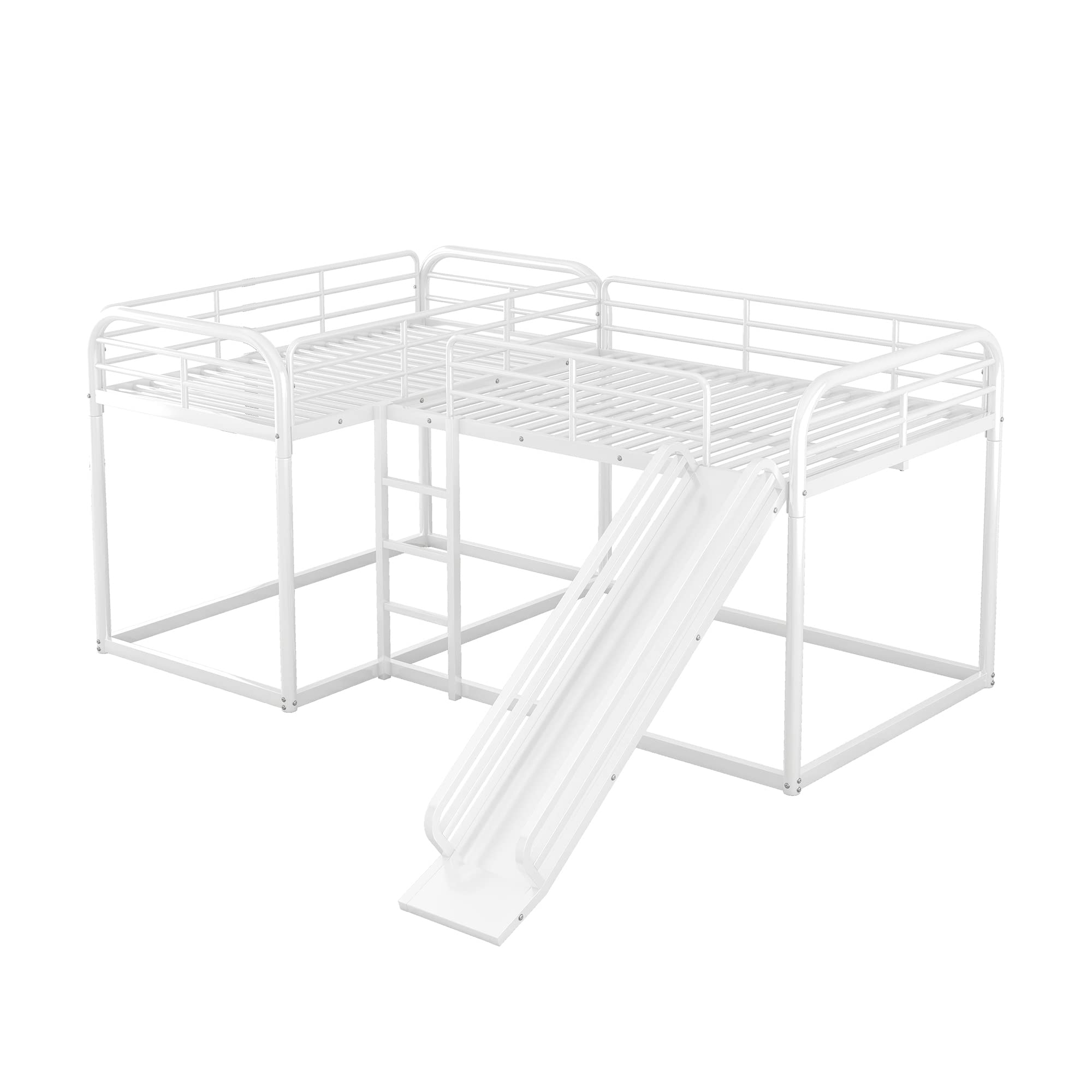 Merax L-Shaped Full Over Full and Twin Over Twin Metal Bunk Bed with Slide and Short Ladder, Full and Twin Size Bed Frame for Teens, 4 Beds in 1, White